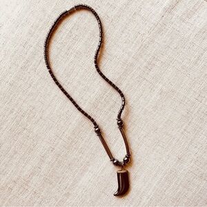 Vintage Gunmetal Gray Beaded Necklace with Faux Elephant Tusk Shaped Pendant